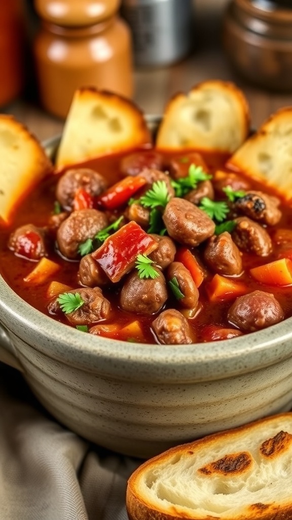 Meaty Carnivore Chili Recipe A hearty bowl of carnivore chili with ground beef, sausage, and bacon, garnished with herbs, on a rustic table with bread.